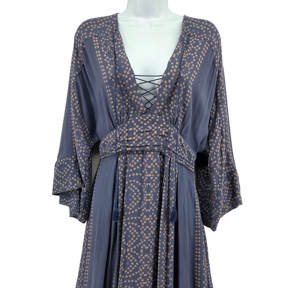 Free People Modern Kimono Maxi Dress Boho V Neck Blue Lace Up Tassels Size 4 - Picture 3 of 9